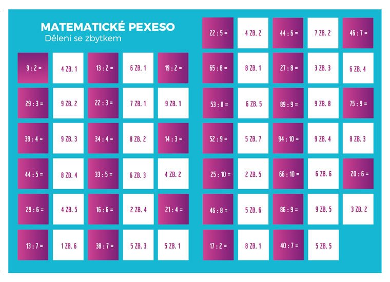 PEXESO MATEMATIKA DĚLENÍ SE ZBYTKEM