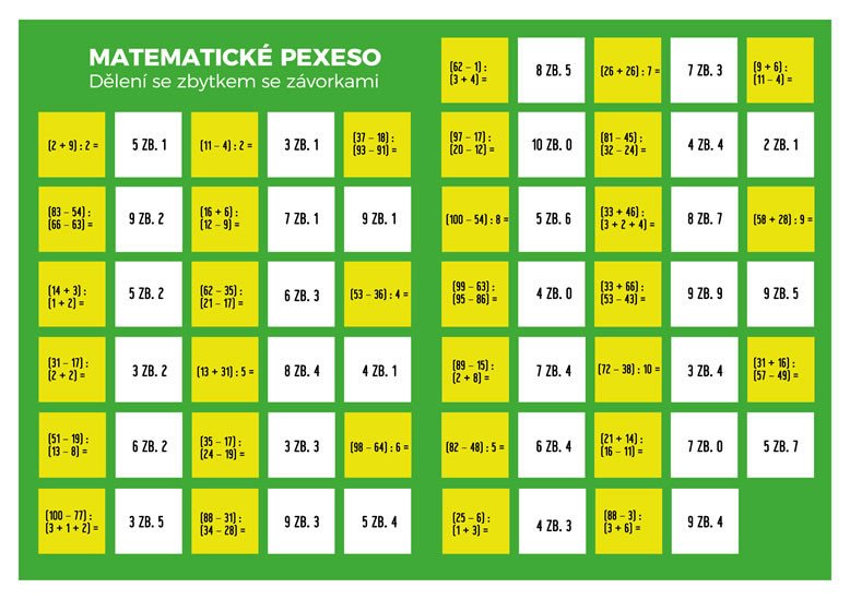 PEXESO MATEMATIKA DĚLENÍ SE ZBYTKEM SE ZÁVORKAMI