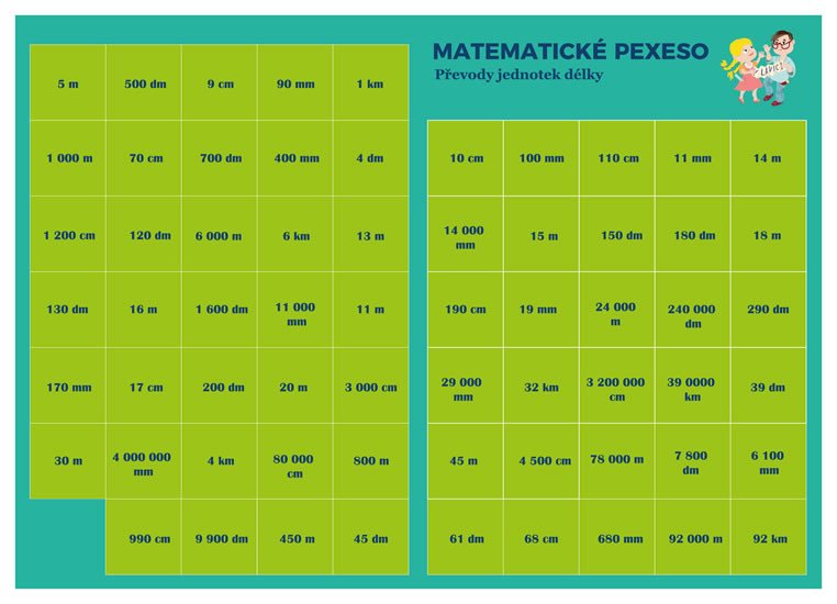 PEXESO MATEMATIKA PŘEVODY JEDNOTEK DÉLEK