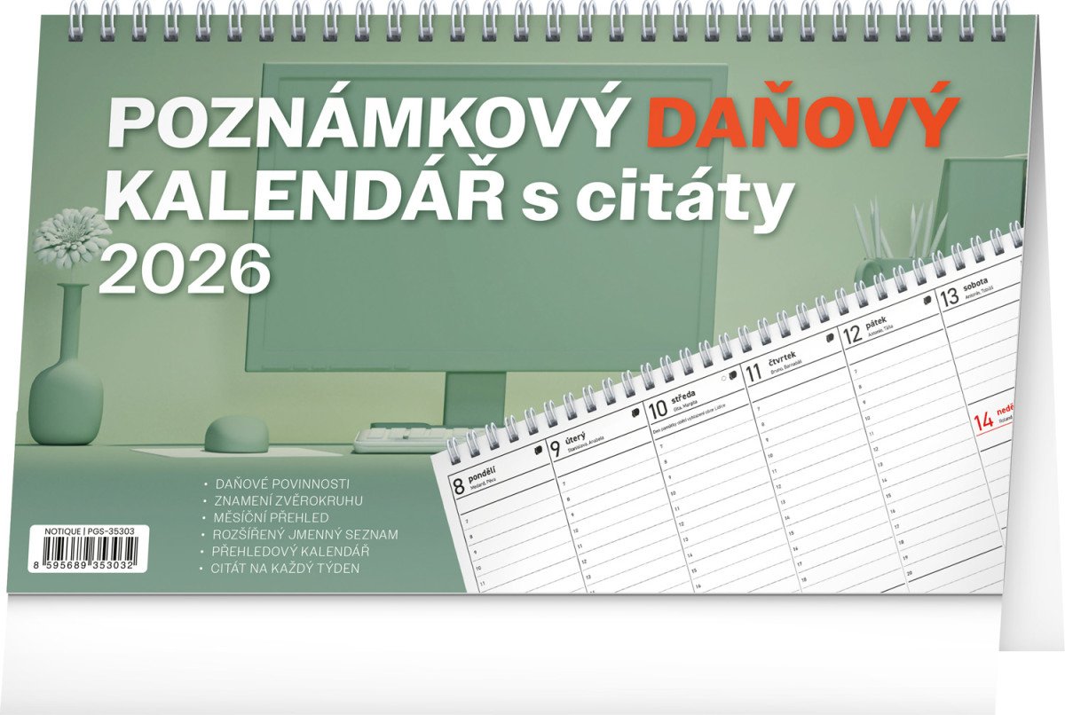 STOLNÍ KALENDÁŘ 2026 POZNÁMKOVÝ DAŇOVÝ S CITÁTY
