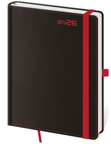 2026 DIÁŘ BLACK RED TÝDENNÍ A5 S GUMIČKOU A POUTKEM