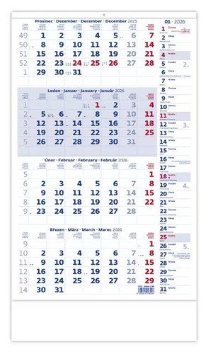 NÁSTĚNNÝ KALENDÁŘ 2026 ČTYŘMĚSÍČNÍ MODRÝ S POZNÁMKAMI