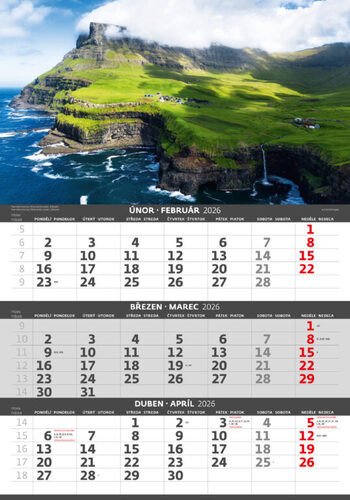 NÁSTĚNNÝ KALENDÁŘ 2026 TŘÍMĚSÍČNÍ POBŘEŽÍ