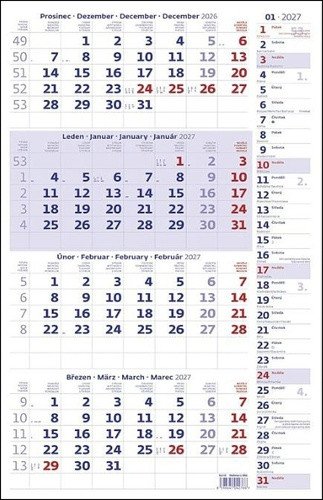 NÁSTĚNNÝ KALENDÁŘ 2027 ČTYŘMĚSÍČNÍ MODRÝ S POZNÁMKAMI