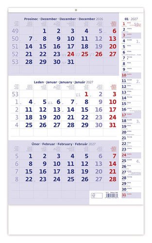 NÁSTĚNNÝ KALENDÁŘ 2027 TŘÍMĚSÍČNÍ MODRÝ S POZNÁMKAMI