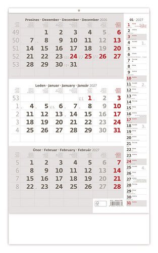 NÁSTĚNNÝ KALENDÁŘ 2027 TŘÍMĚSÍČNÍ ŠEDÝ S POZNÁMKAMI