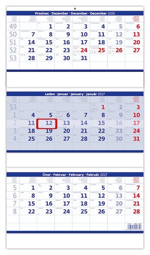 NÁSTĚNNÝ KALENDÁŘ 2027 TŘÍMĚSÍČNÍ SKLÁDANÝ MODRÝ