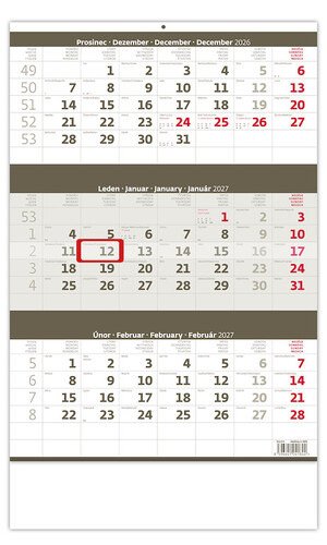 NÁSTĚNNÝ KALENDÁŘ 2027 TŘÍMĚSÍČNÍ ŠEDÝ
