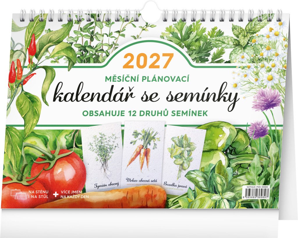 Obálka knihy KALENDÁŘ SE SEMÍNKY 2027 MĚSÍČNÍ PLÁNOVACÍ STOLNÍ S HÁČKEM od autora <br>